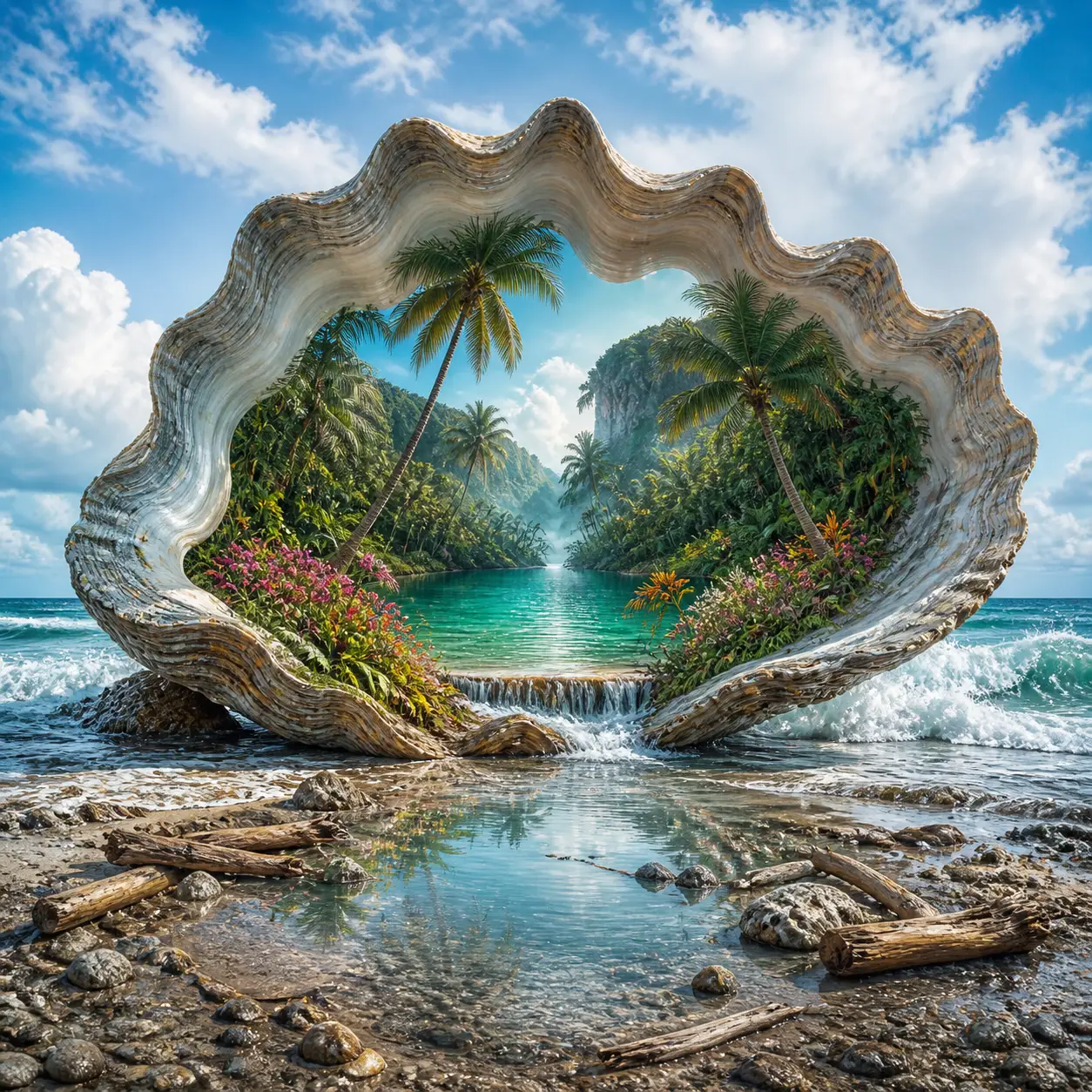 Surreal seascape with giant oyster shell jungle interior