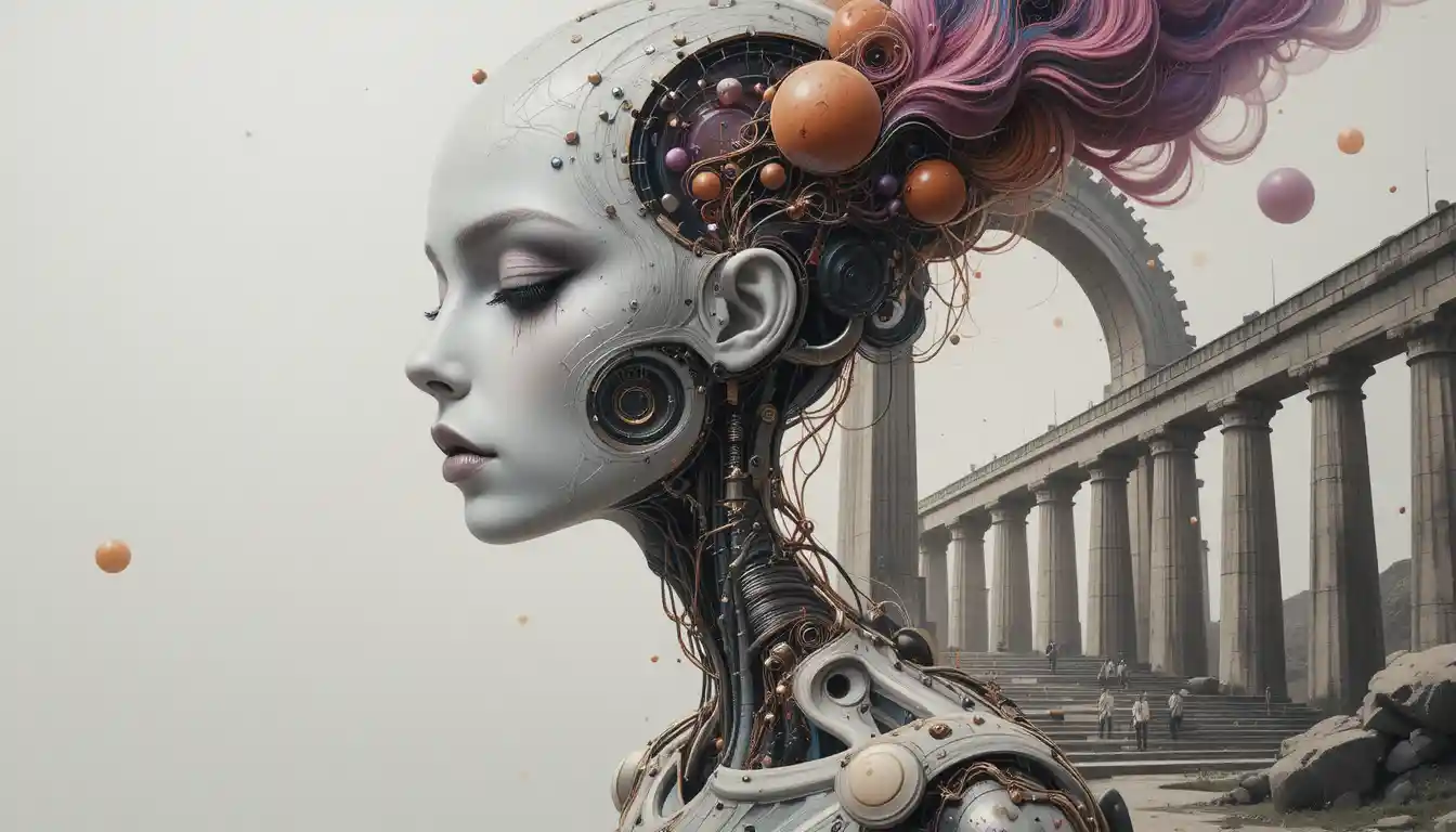 Surreal cybernetic woman with abstract alien inspired face
