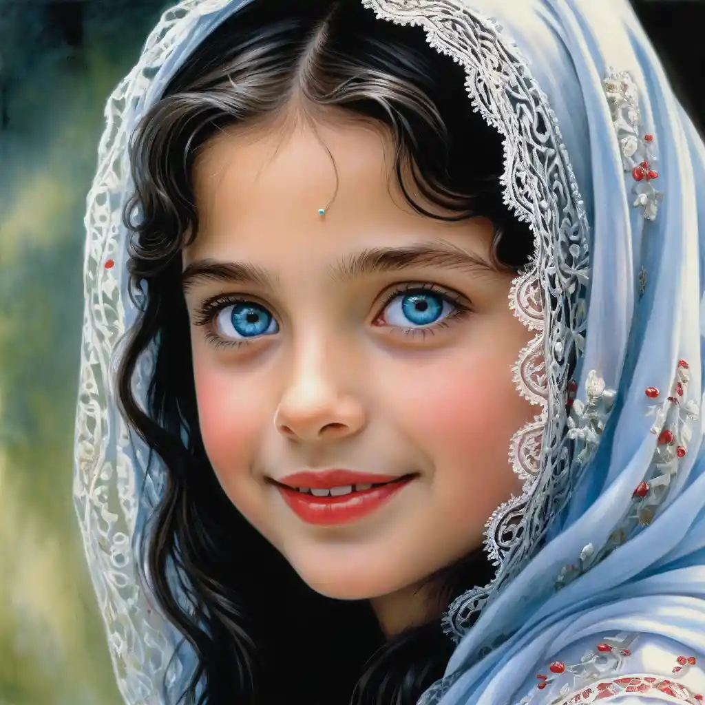 Smiling girl in white burqa with bright blue eyes