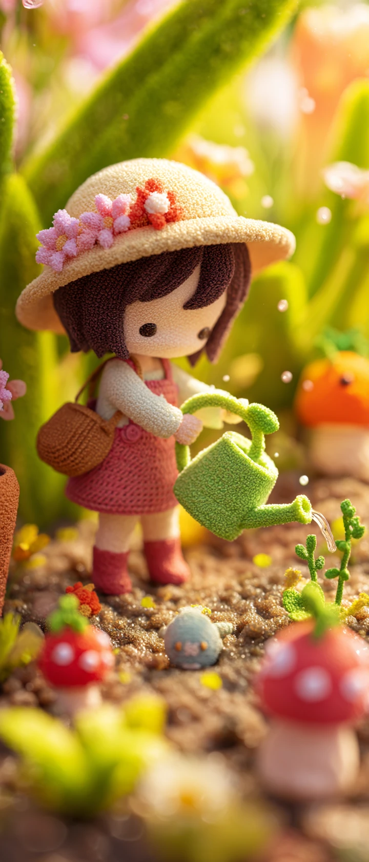 魔法のぬいぐるみ種の友だちをお世話するアニメ風ガーデナー少女