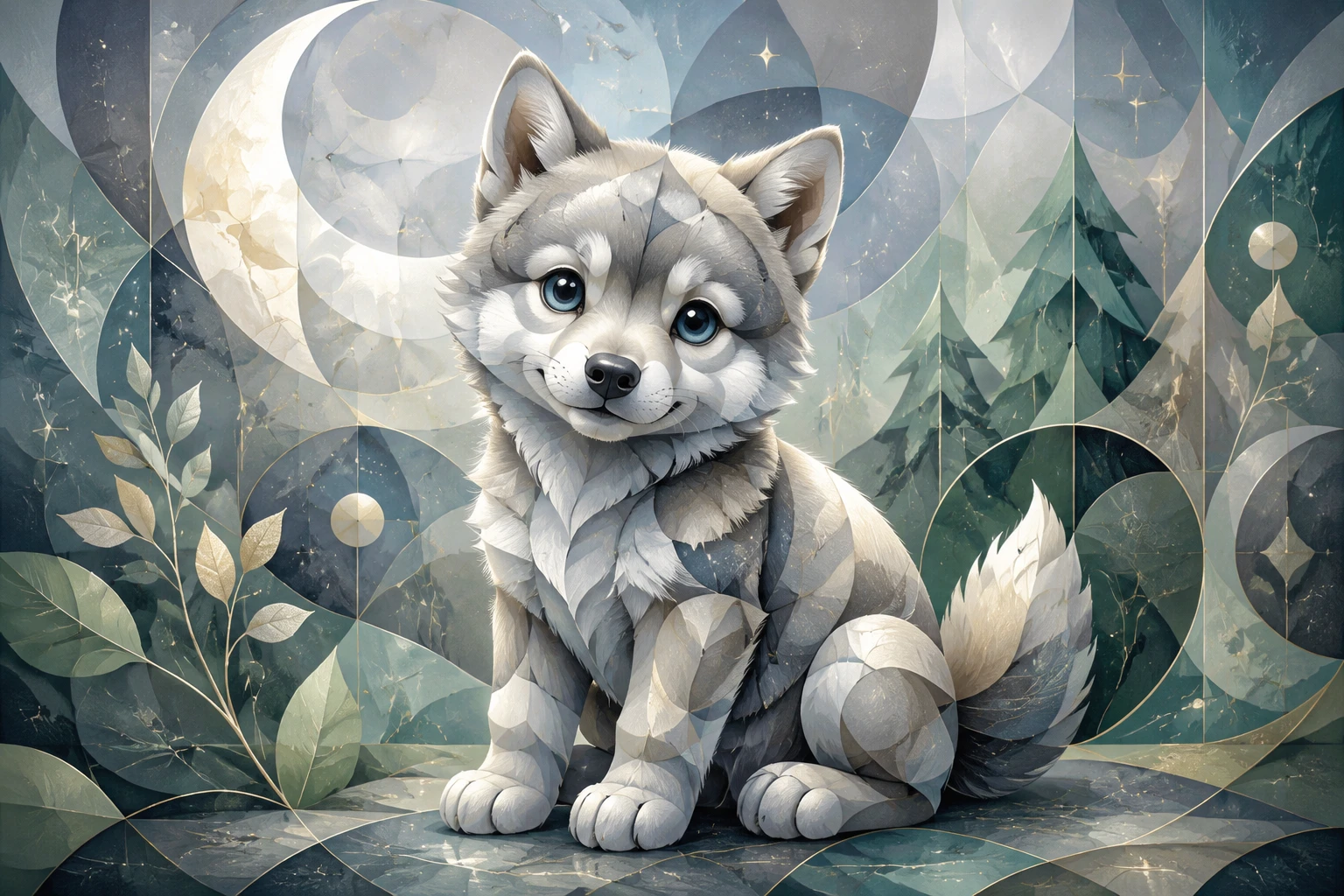 Abstract geometric baby wolf with soft pastel background