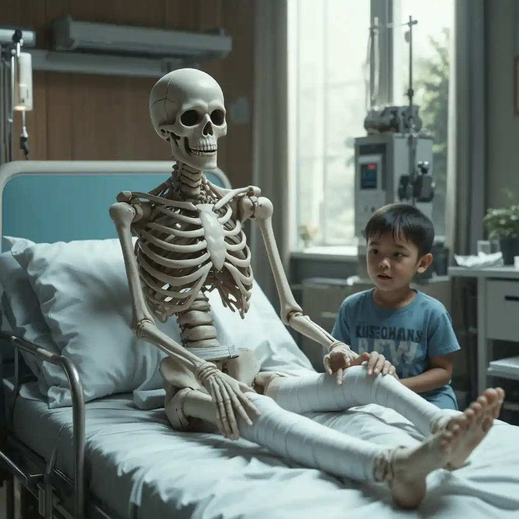 Doctor bandaging a skeletons broken leg on hospital bed