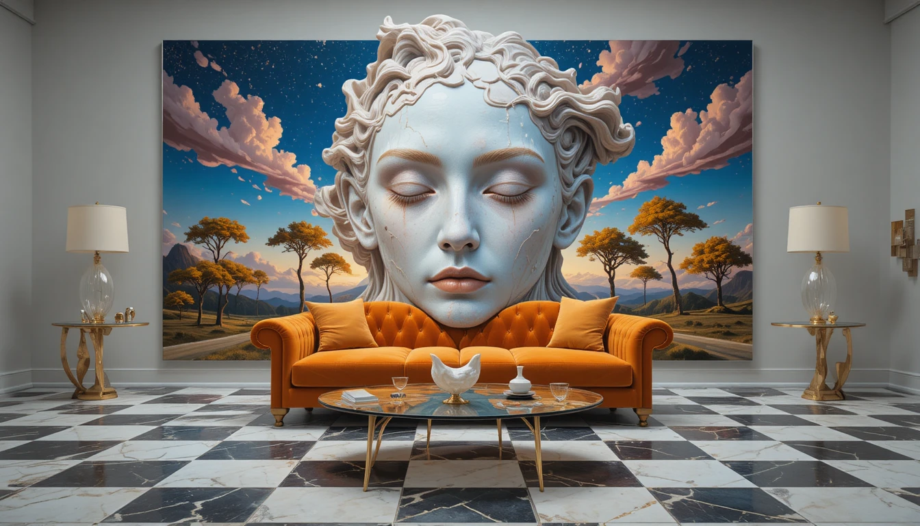 Surreal living room with baroque couch and cosmic artwork