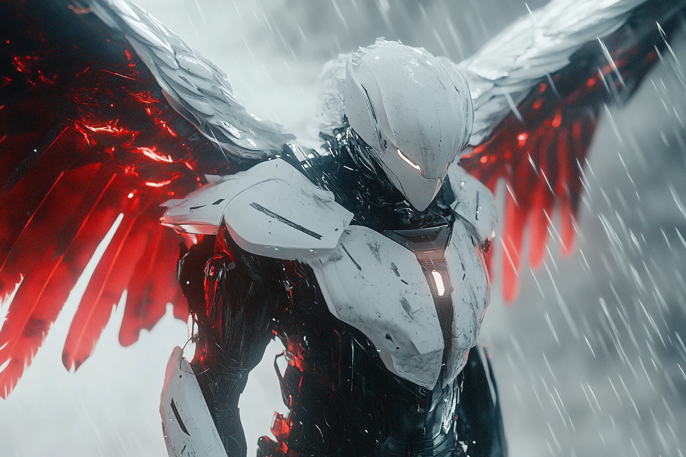 Cybernetic White Eagle Knight Above Futuristic War Torn City