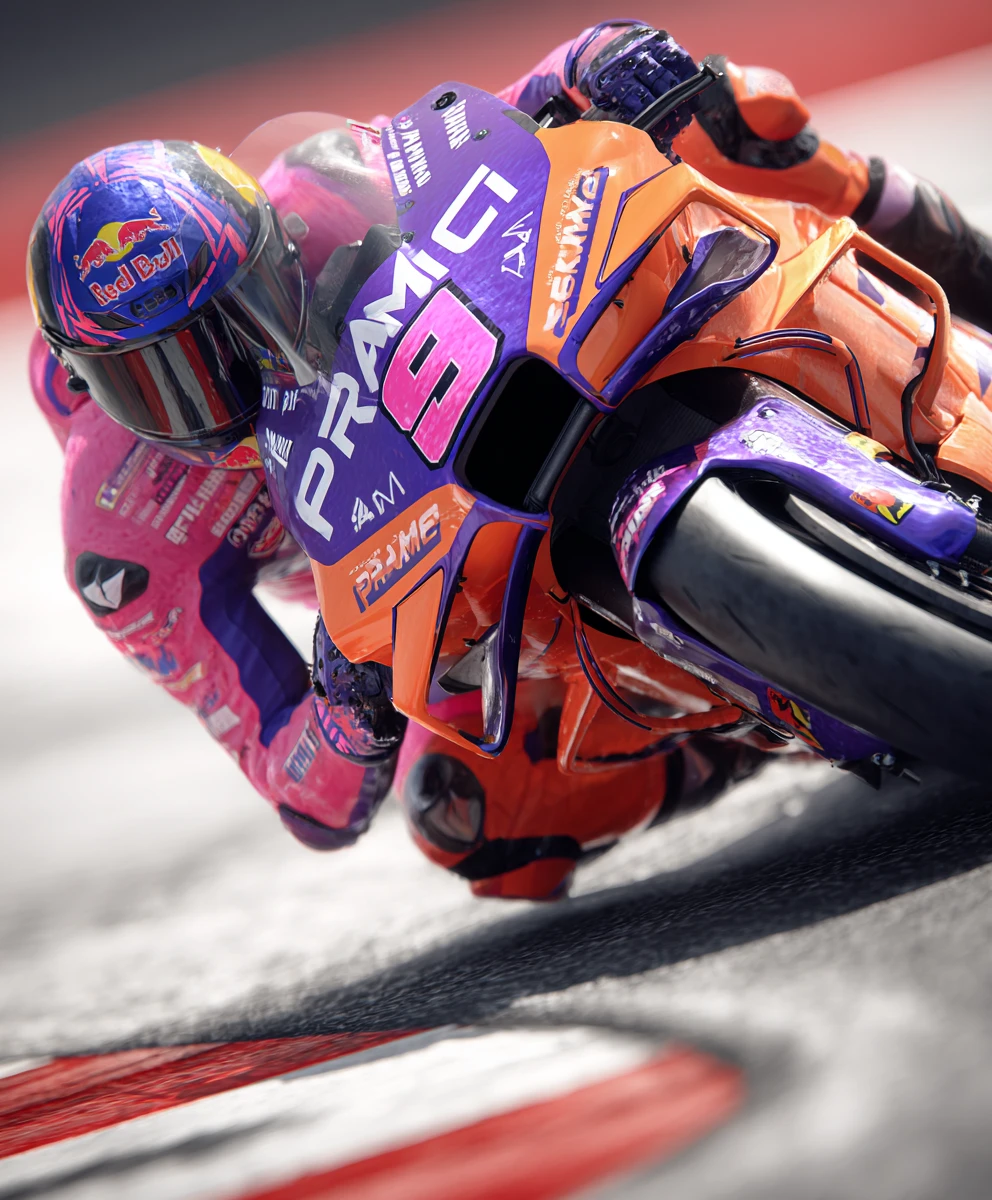 Piloto de MotoGP inclinándose en la curva sobre una moto de carreras moderna