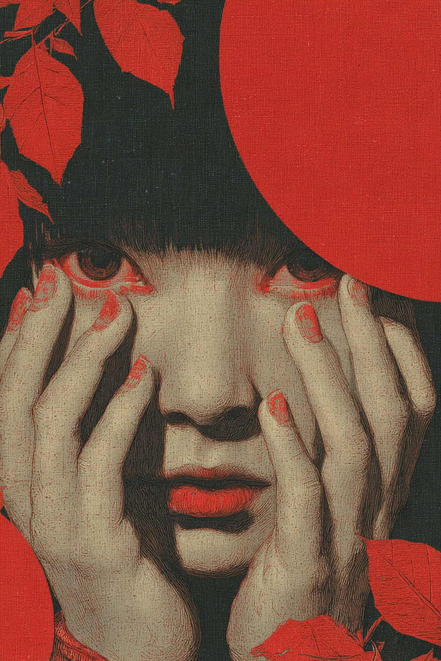 Figura abstracta surrealista en collage melancólico rojo