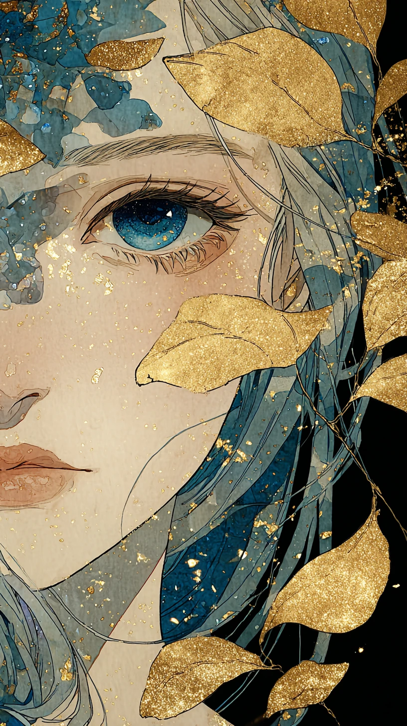 Retrato etéreo en acuarela de mujer anime con hojas doradas