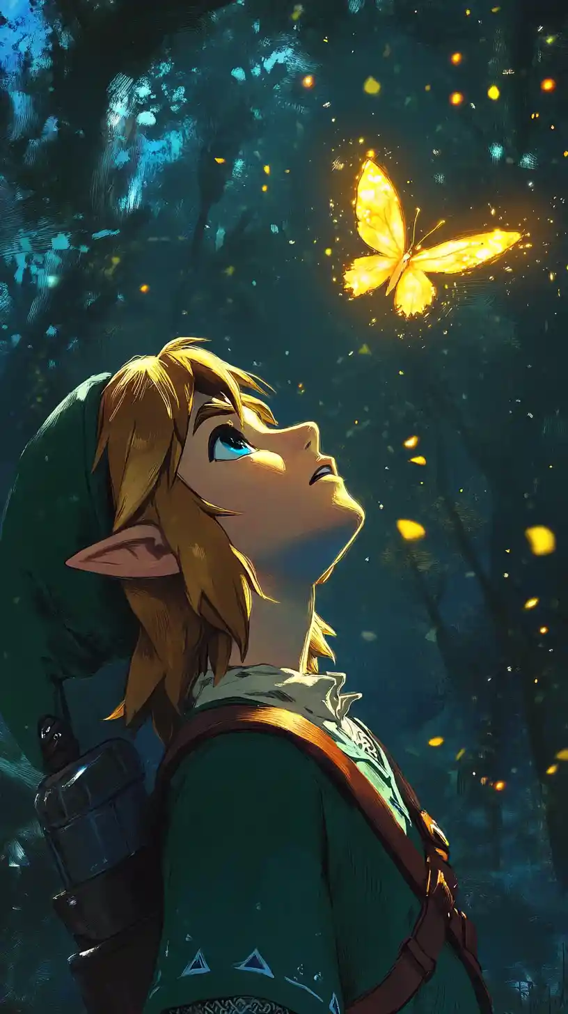 Fantasy hero gazing at glowing butterfly in dark forest