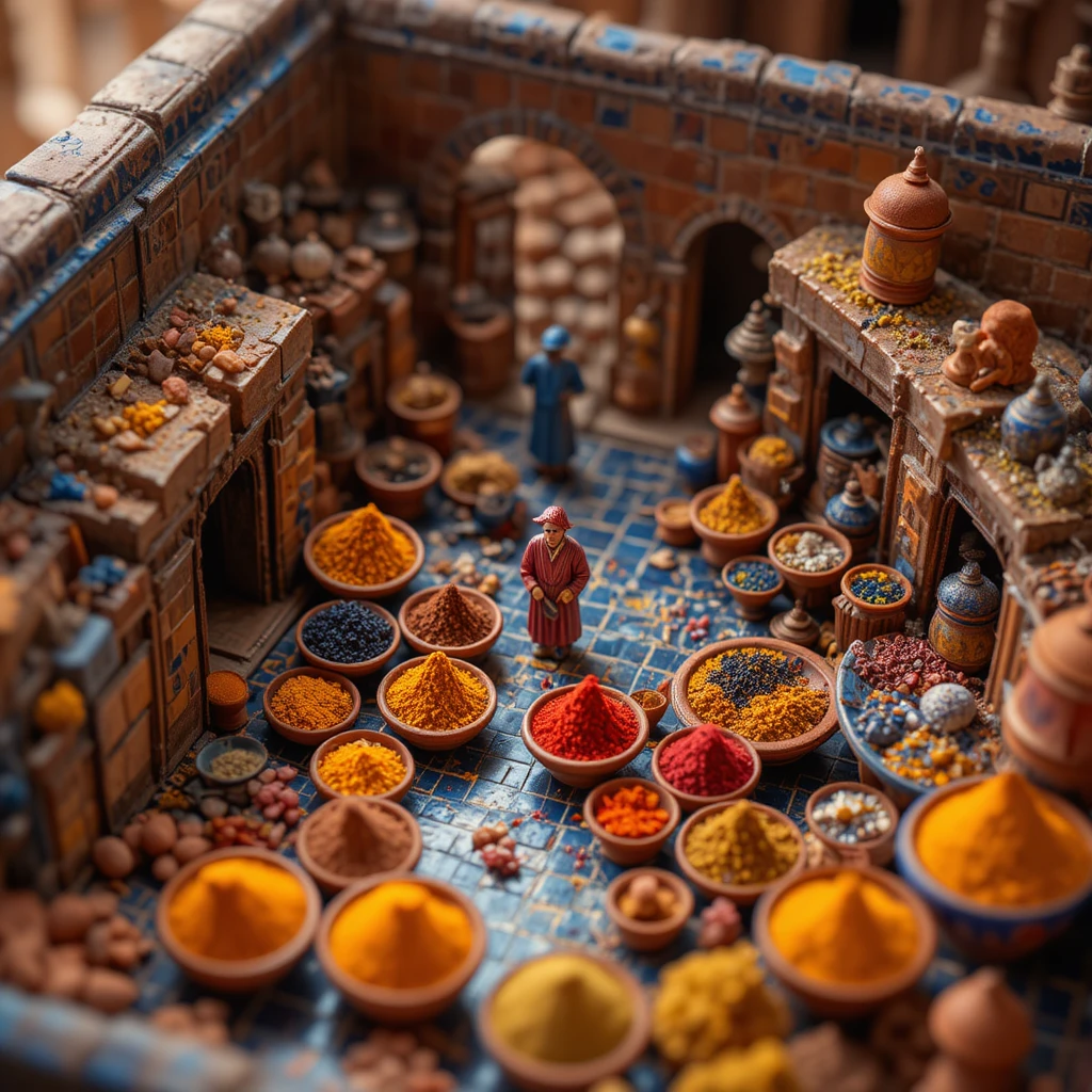 Tilt shift miniature Moroccan market in a zellige tile tray