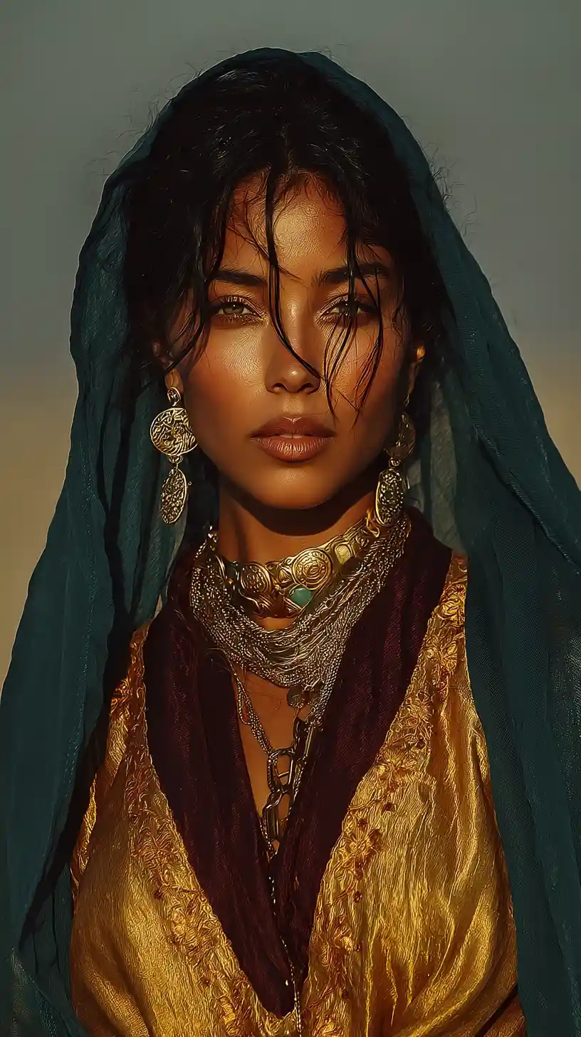 Arab woman standing with graceful poise in desert oasis