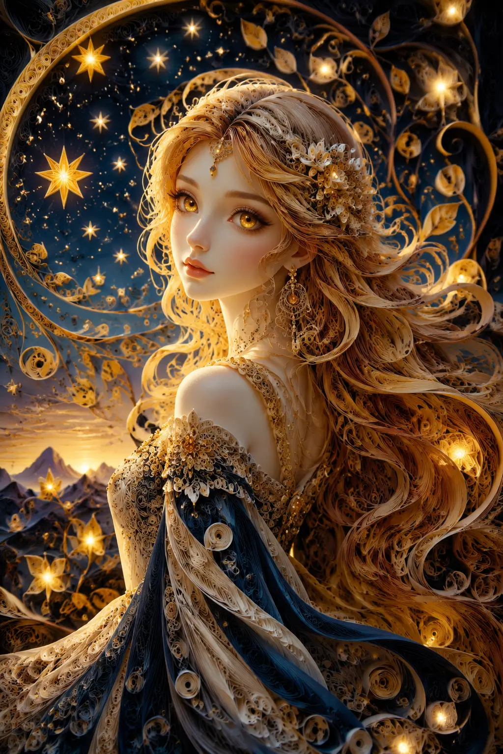 Ritratto in quilling di una donna luminosa al crepuscolo