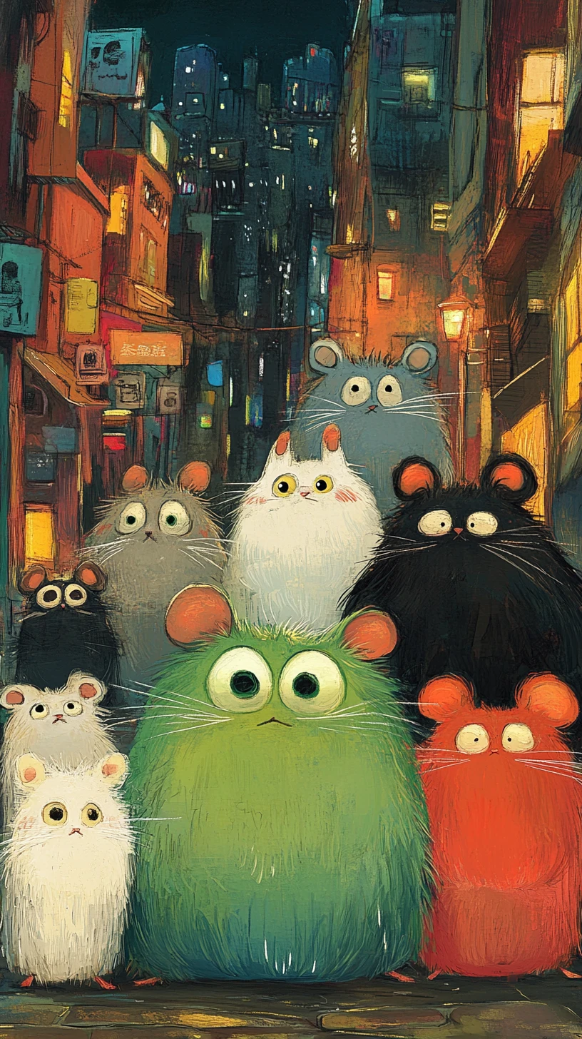 Ratones de dibujos animados y coloridos posando en un paisaje urbano nocturno