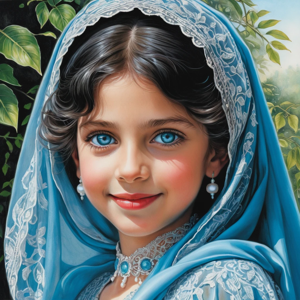 Smiling girl in aqua burqa with bright blue eyes