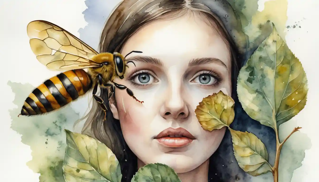 Surreal close up of a woman watching a bee on a leaf