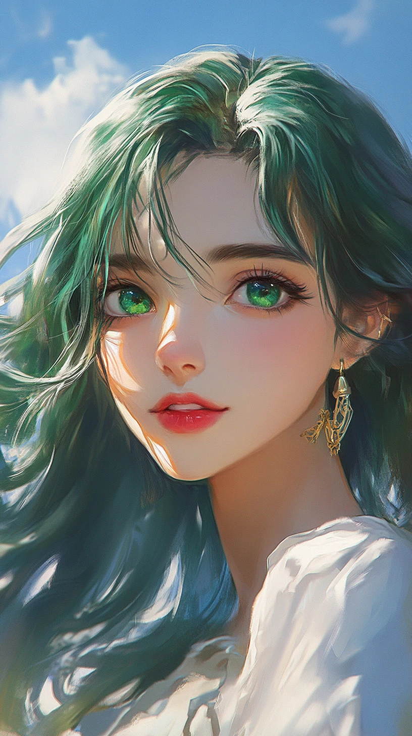 Mujer aviadora de anime con ojos esmeralda al viento