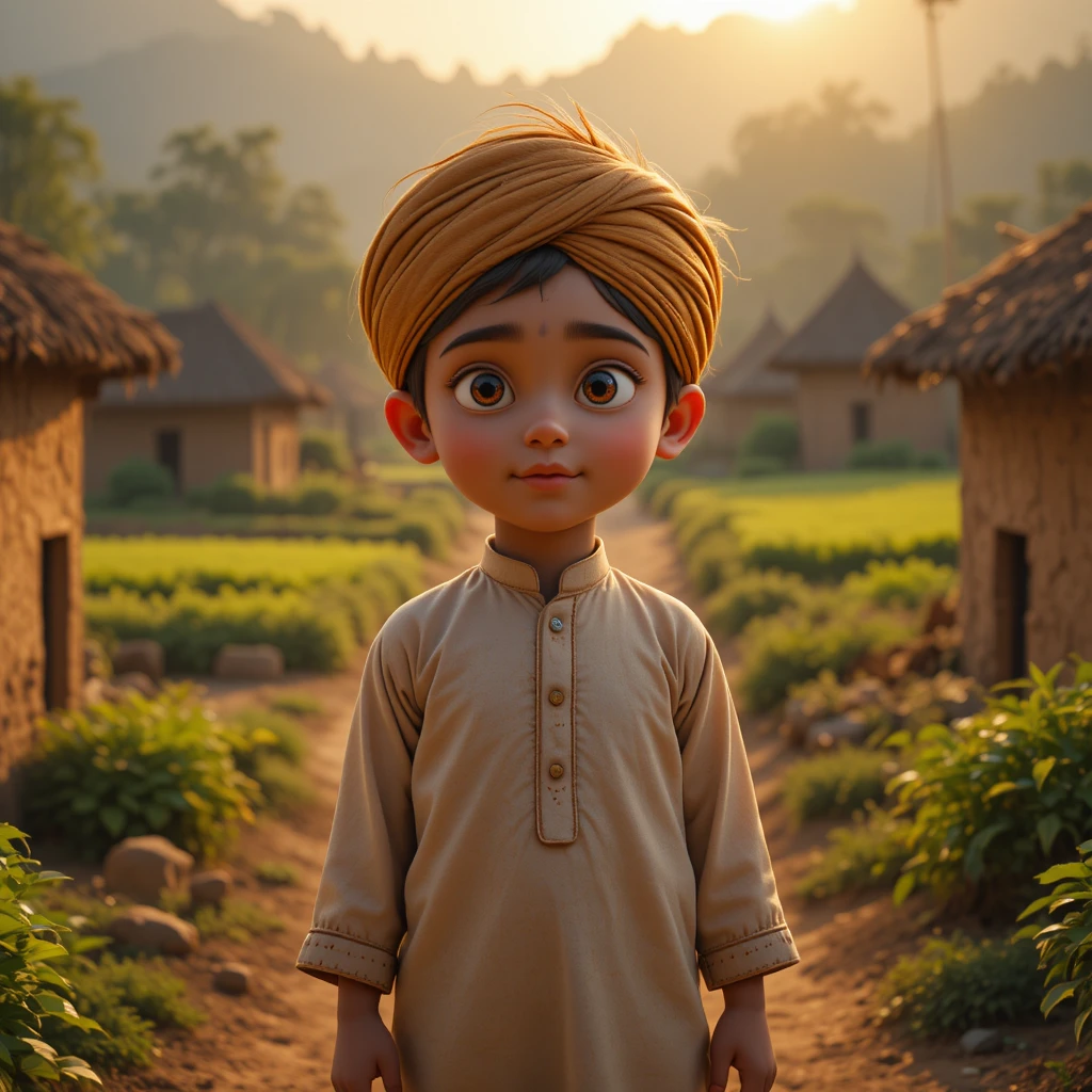 Joven niño punjabí en escena de aldea rural al amanecer