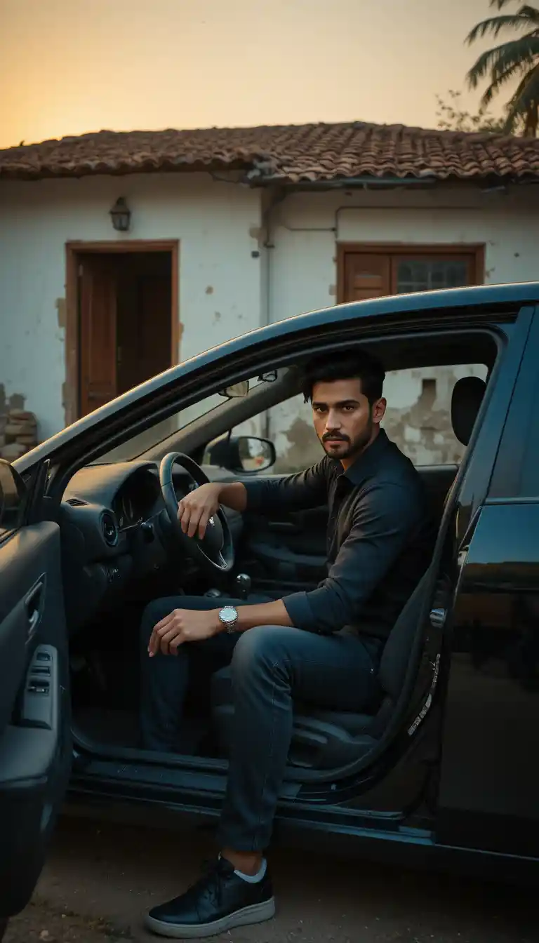 Pakistani man in black car outside old house at sunset