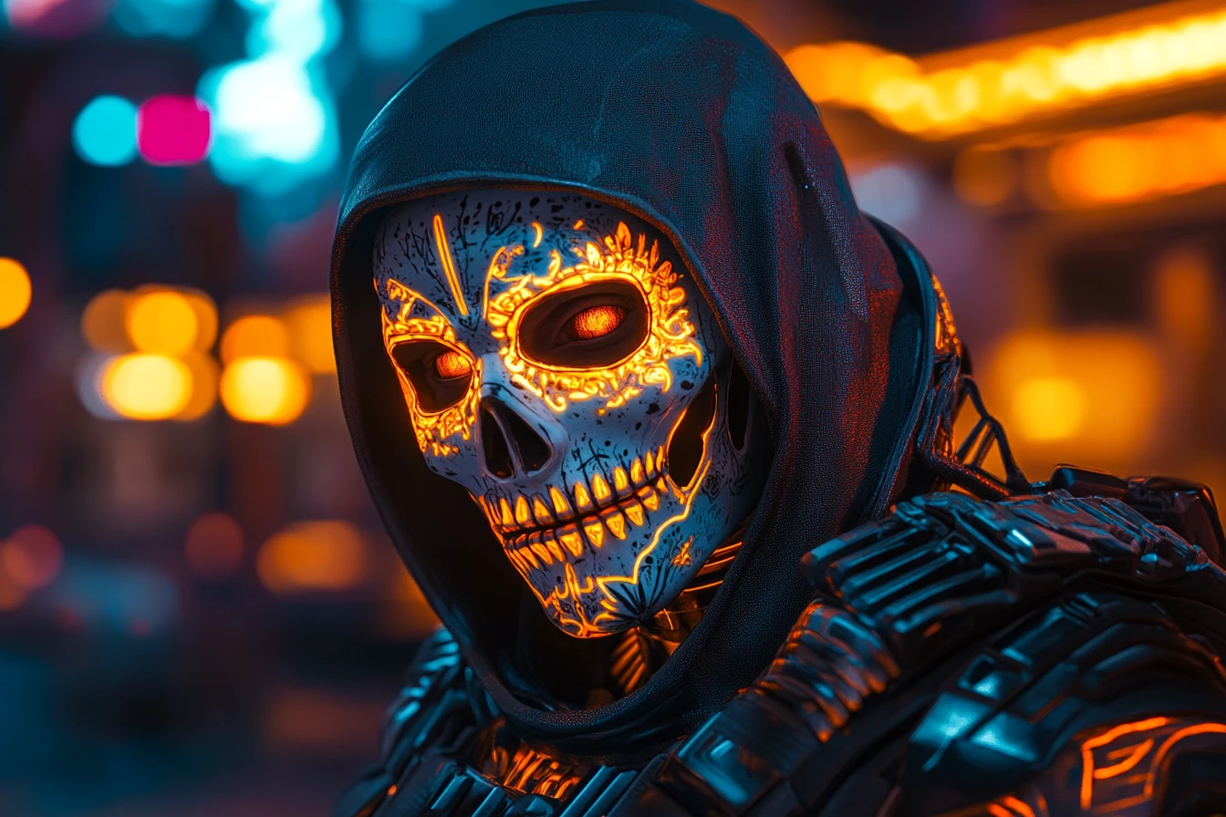Cyber warrior woman with neon skeletal face in desert city