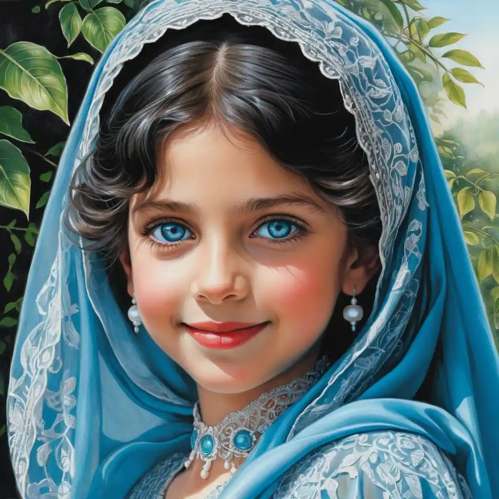 Smiling girl in aqua burqa with bright blue eyes