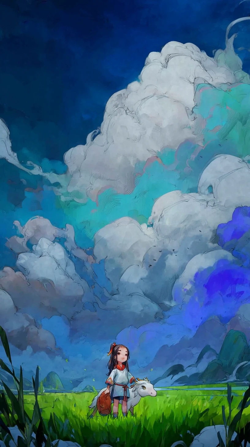 Smiling young girl in a grassy field with glowing clouds