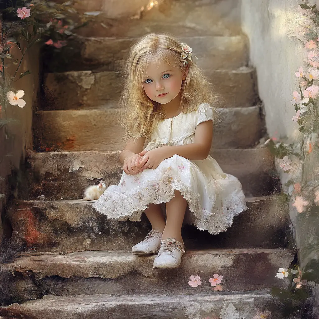Dreamy young girl on old stairs holding a kitten