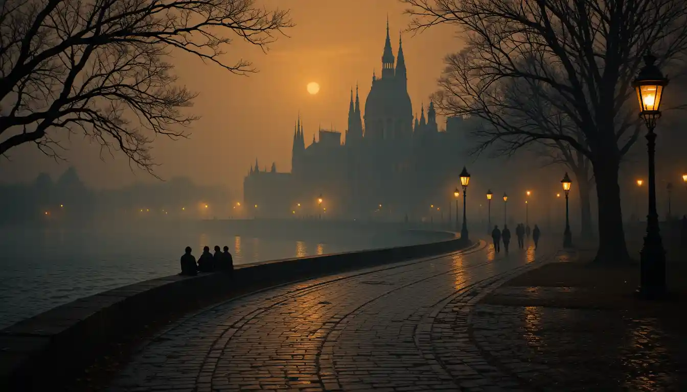 Foggy riverside path with gothic building at night