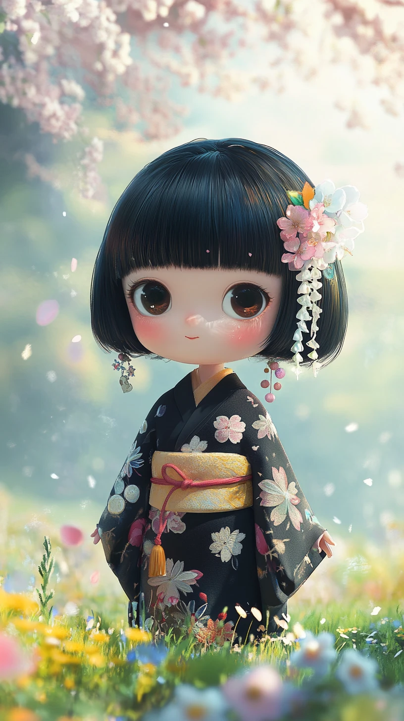 Cute chibi girl in a cherry blossom garden scene