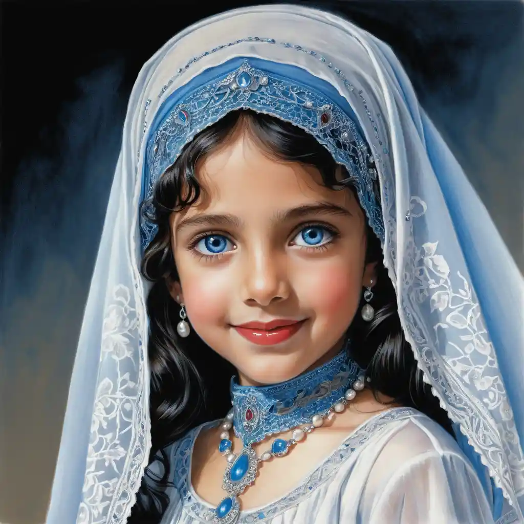 Smiling young girl in white burqa with blue eyes