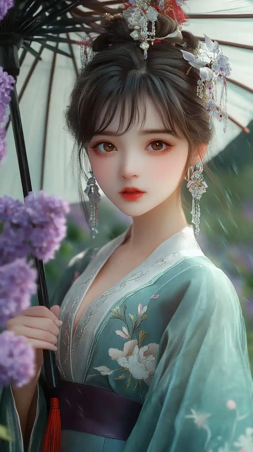 Anime girl with hanfu and parasol in rainy lilac garden