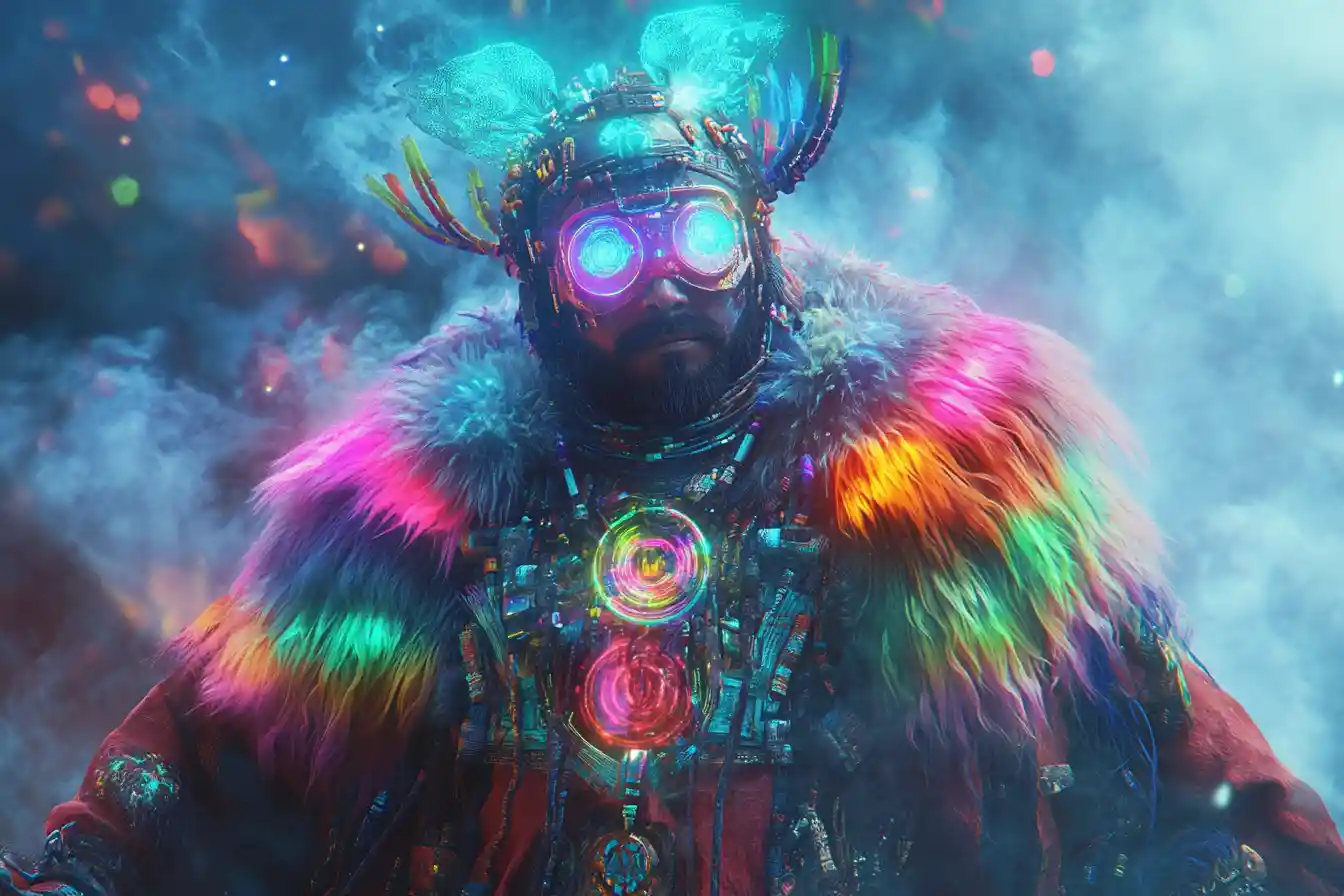 Andean cyber shaman with glowing armor and alpaca cape