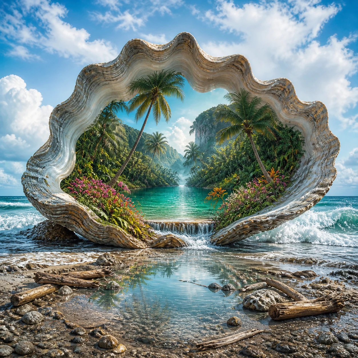 Paisaje marino surrealista con interior de selva en concha de ostra gigante