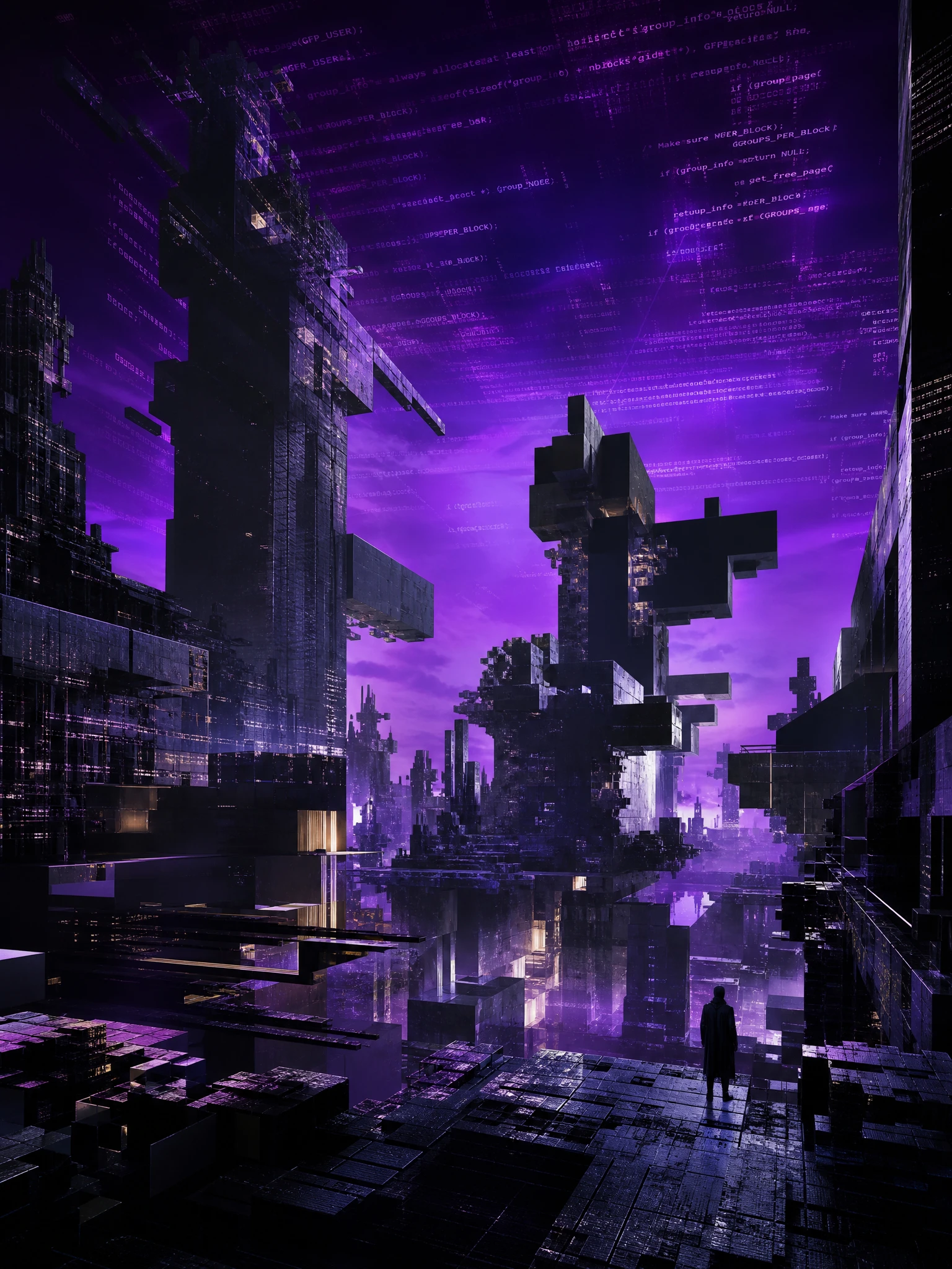 Futuristic sci fi megacity dissolving into pixelated geometry