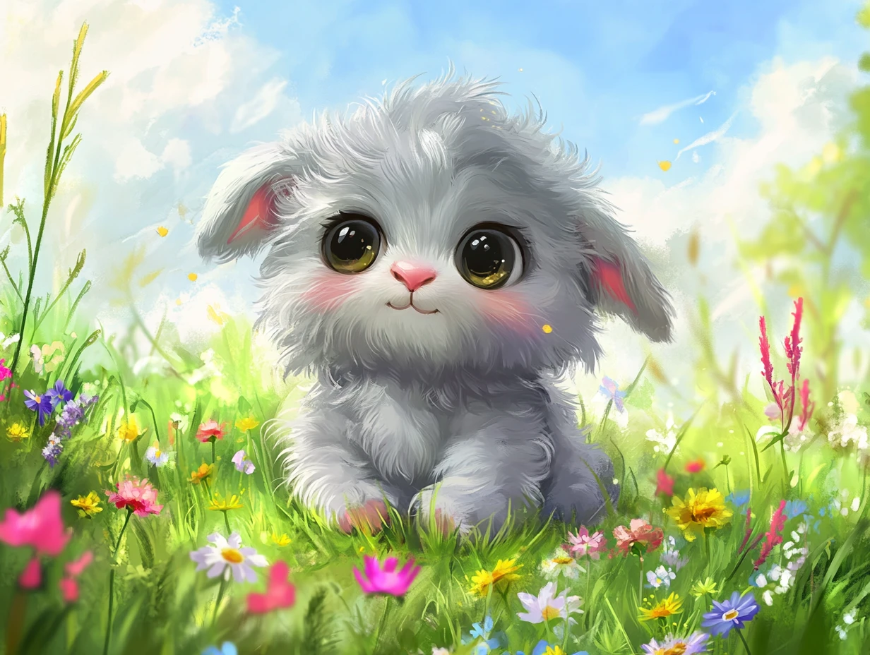Cute baby animal in a bright green flower meadow