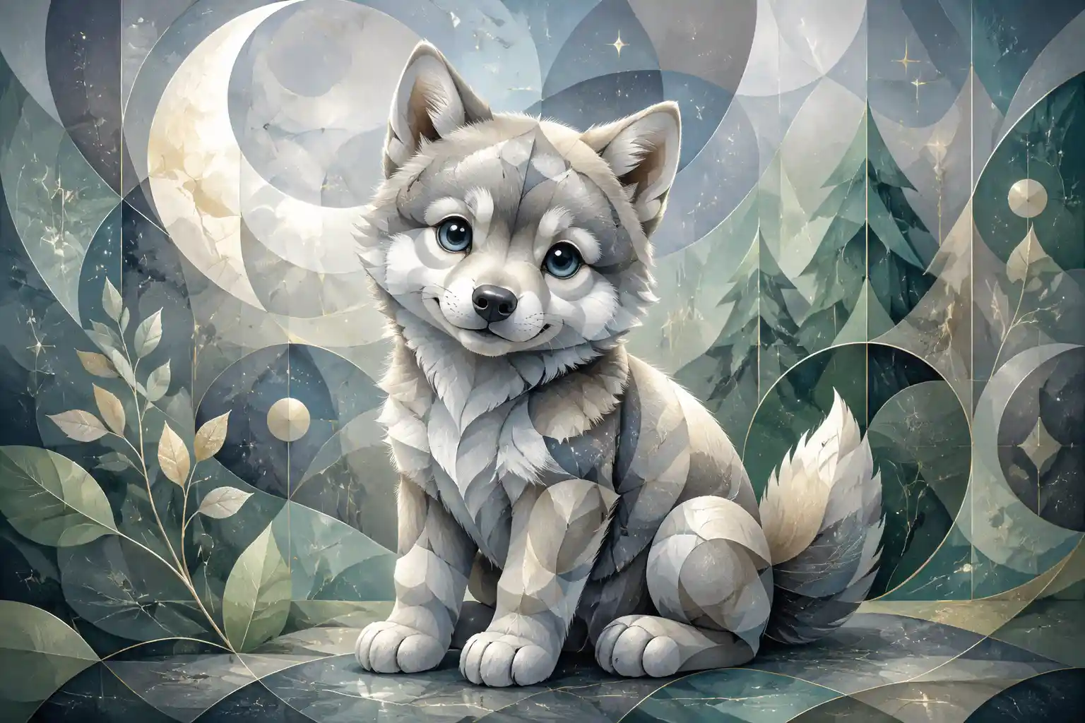 Abstract geometric baby wolf with soft pastel background