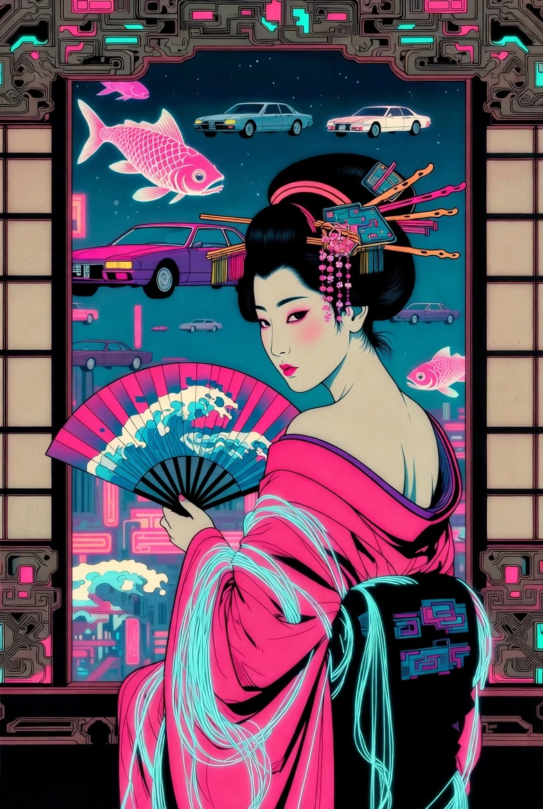 Geisha In Futuristic City With Neon Cyberpunk Details