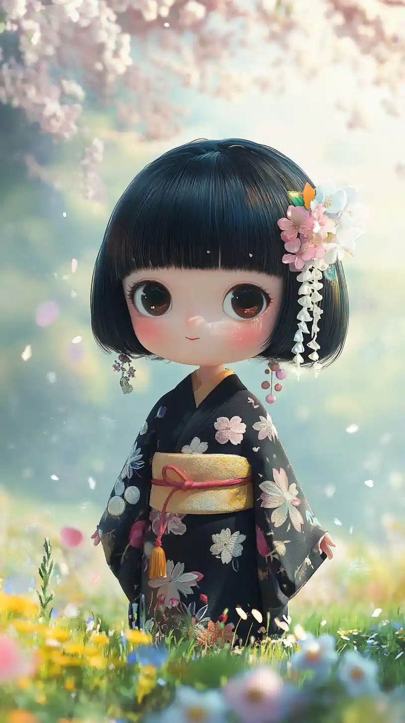 Cute chibi girl in a cherry blossom garden scene