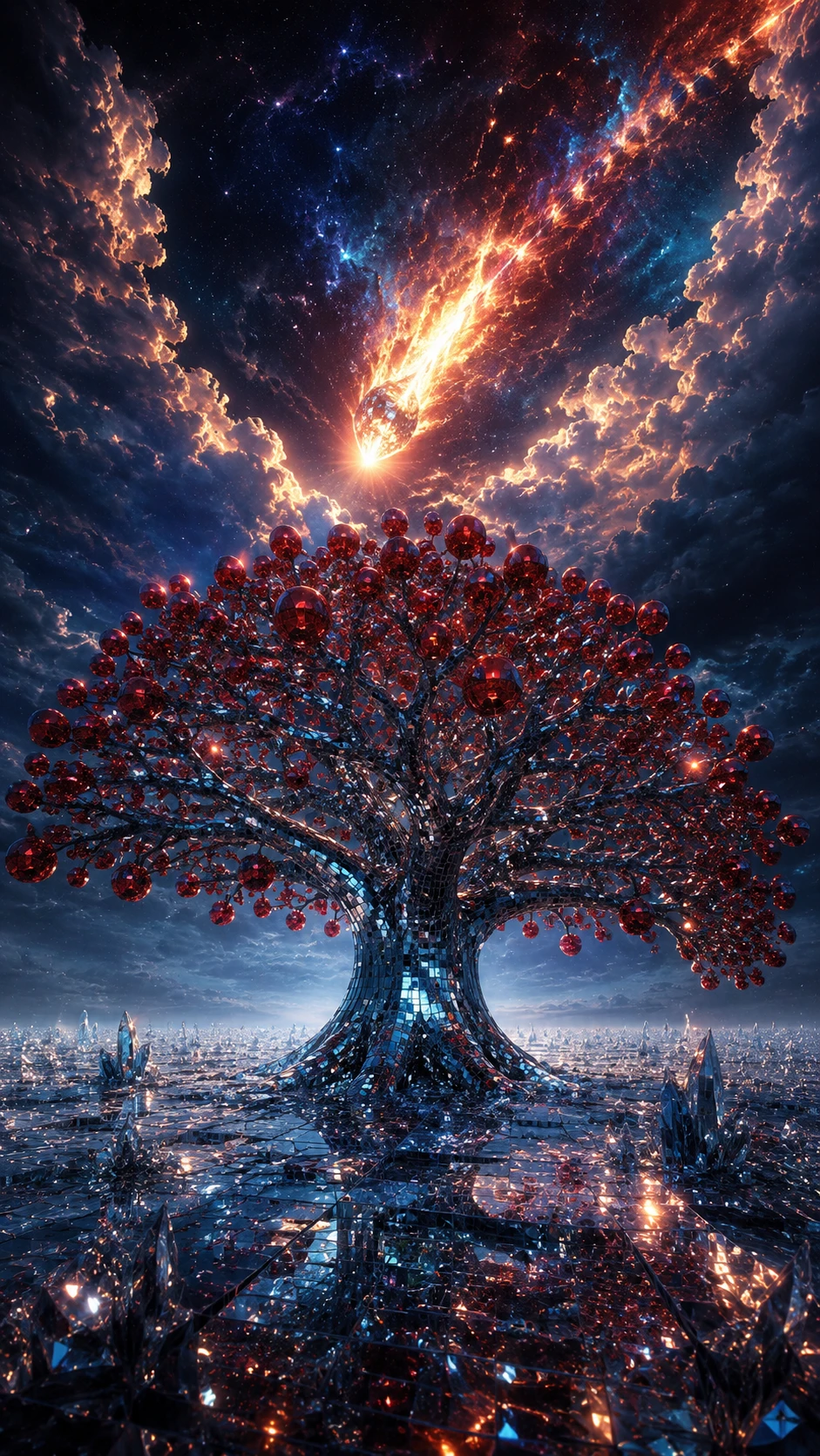 Majestic mirrored tree on endless crystalline fantasy plain