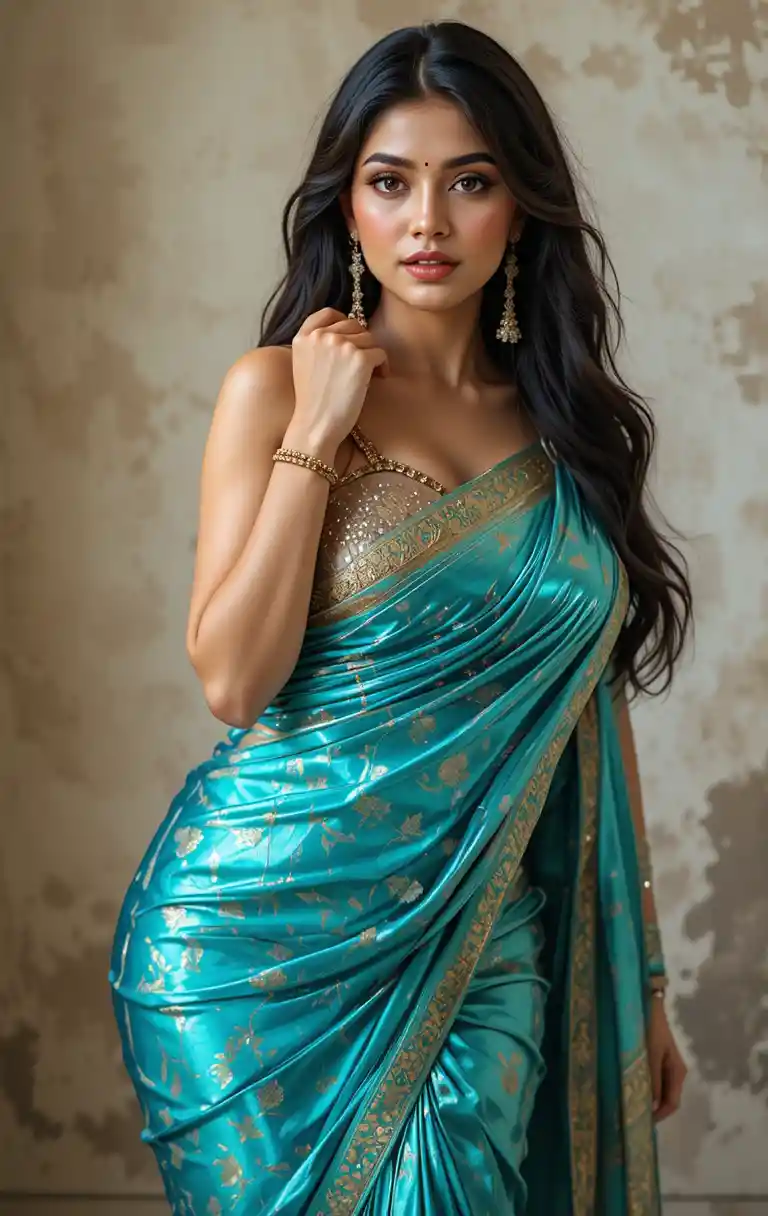 Tamil woman in saree with exposed midriff posing confidently