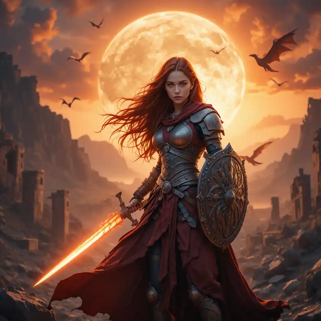 Armored red haired warrior woman under a fiery sky