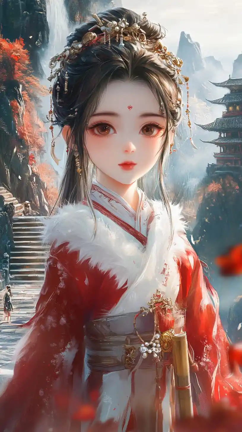 Anime girl in red hanfu before misty mountain temples