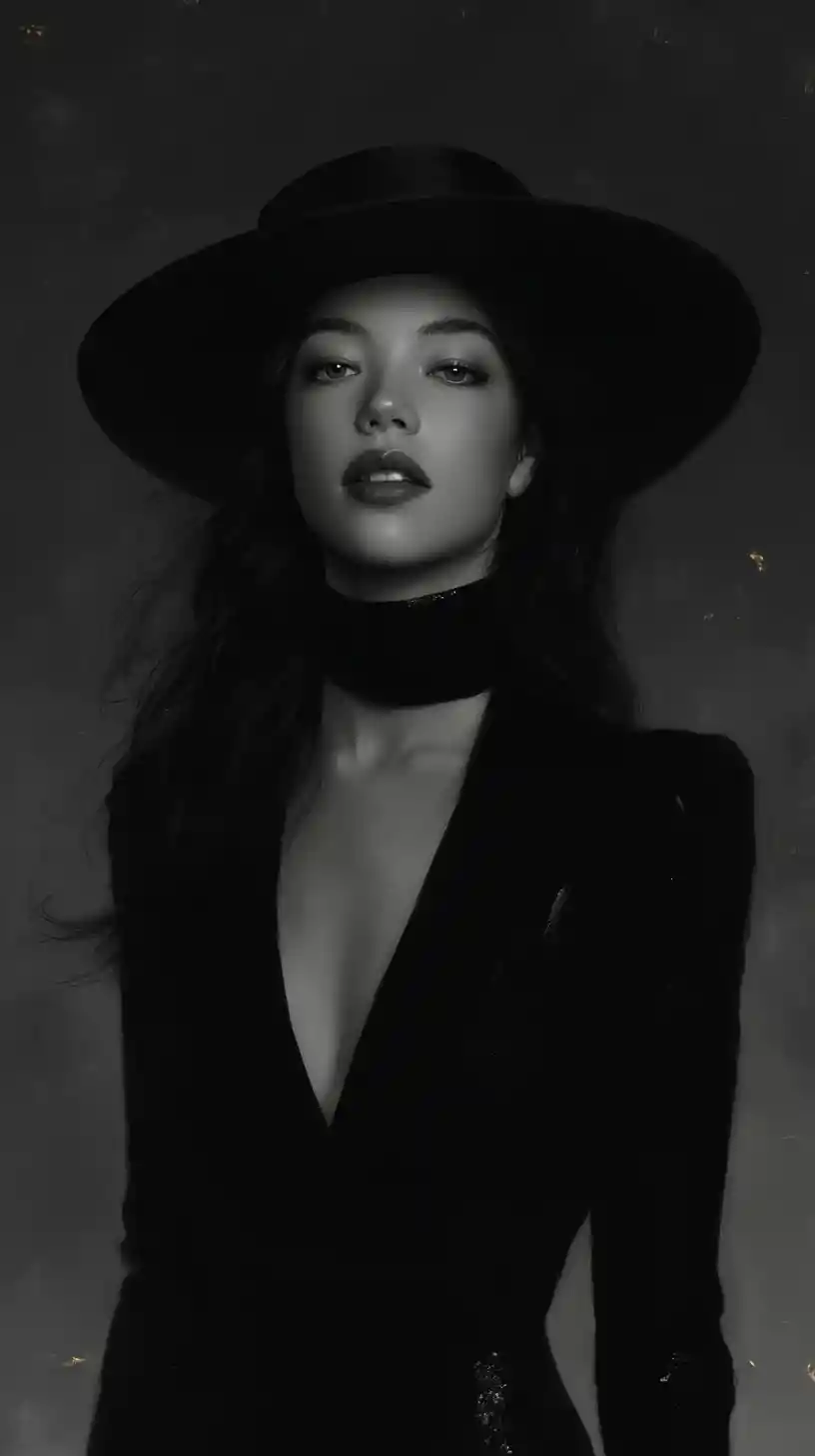 Alluring woman in black hat in dramatic monochrome portrait