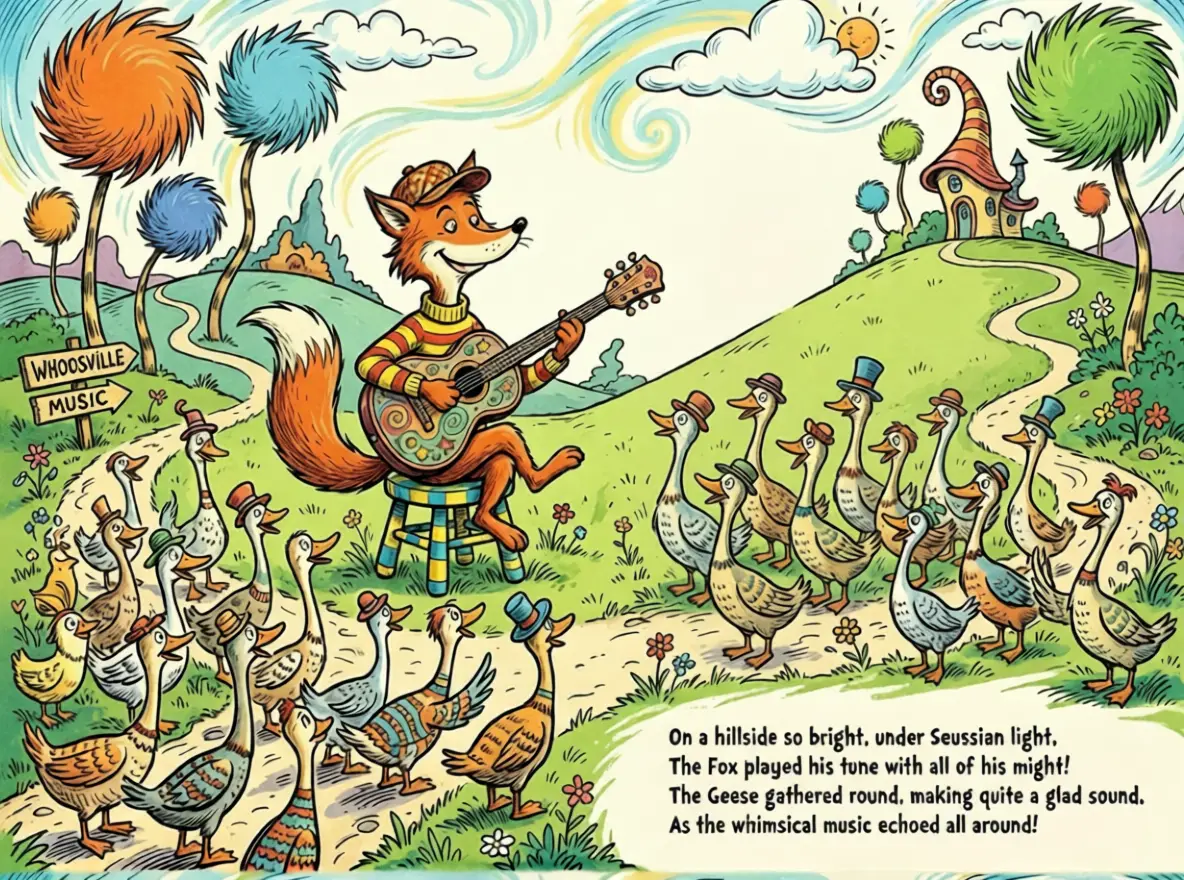 Anthropomorphic fox playing guitar for a flock of geese