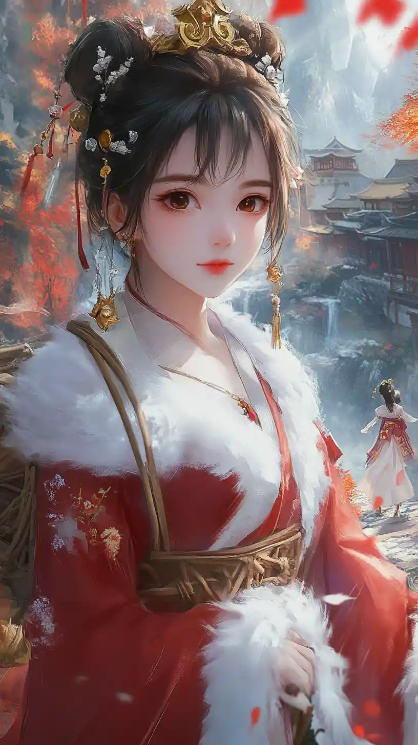 Young girl in red hanfu before misty mountain temples
