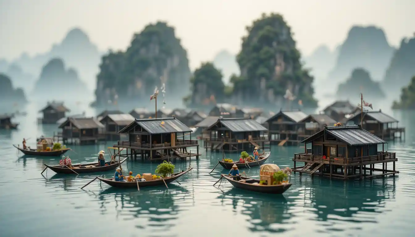 Tilt shift view of a tiny Vietnamese floating fishing village