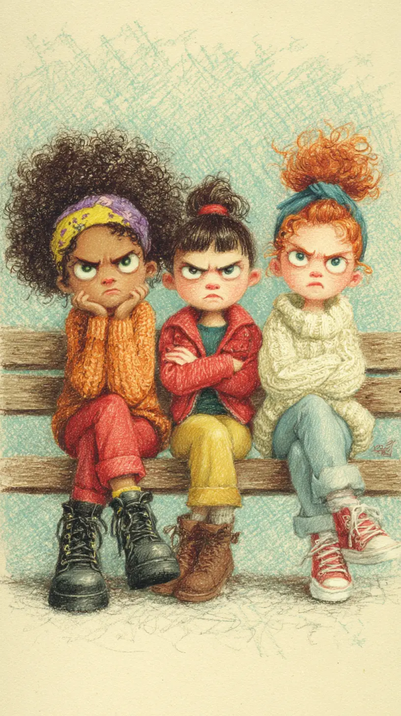Three grumpy little girls on a wooden bench illustration