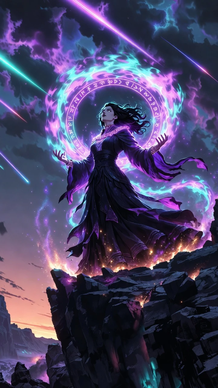 Hechicera Lanzando Magia Neón en un Acantilado al Crepúsculo