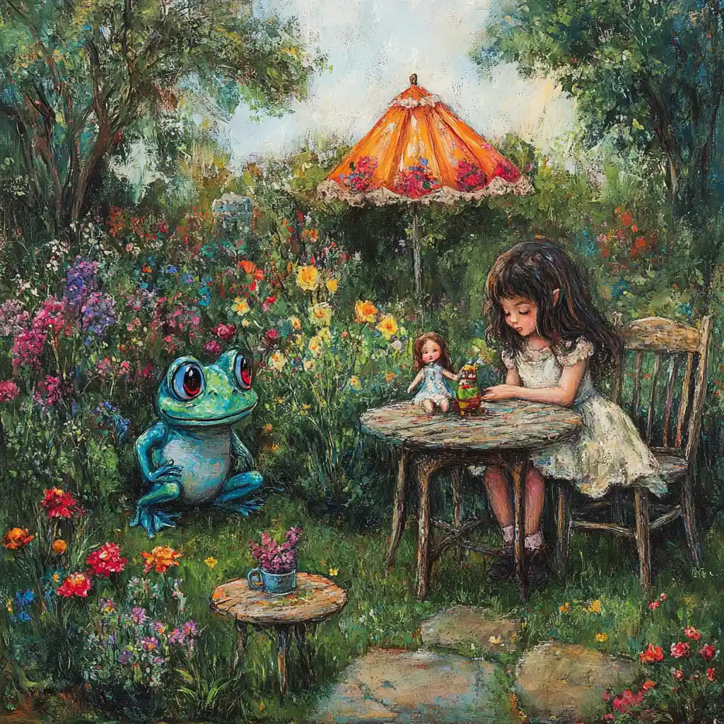 Young girl playing with doll in a peaceful garden