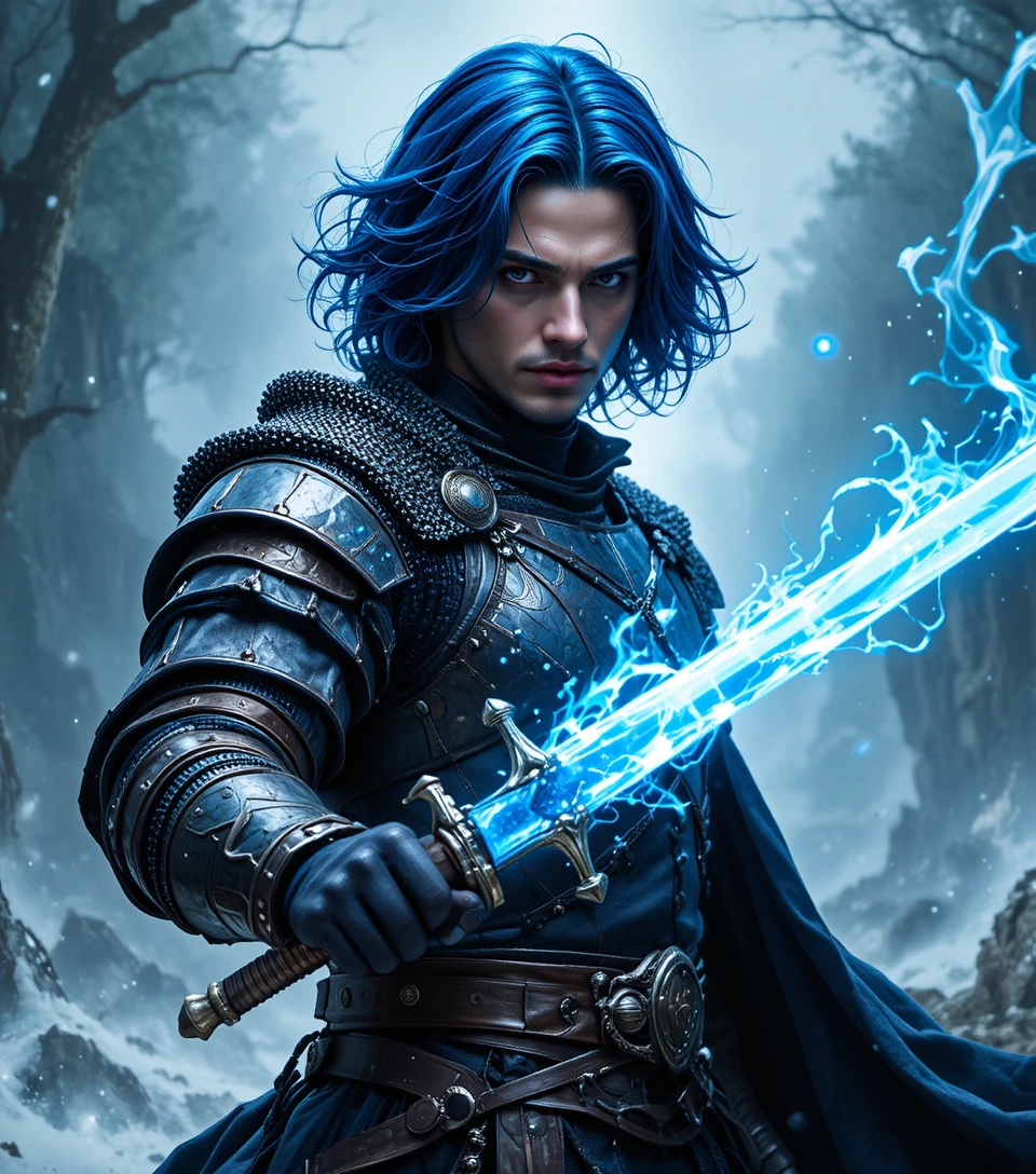 Medieval warrior with dark blue hair holding a magic sword