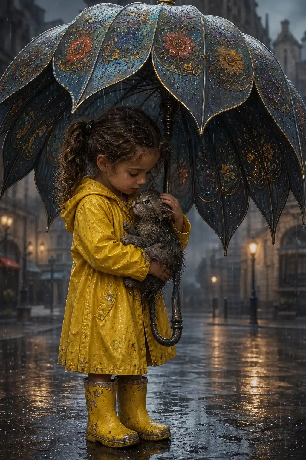 Little girl with umbrella sheltering a wet kitten in rain