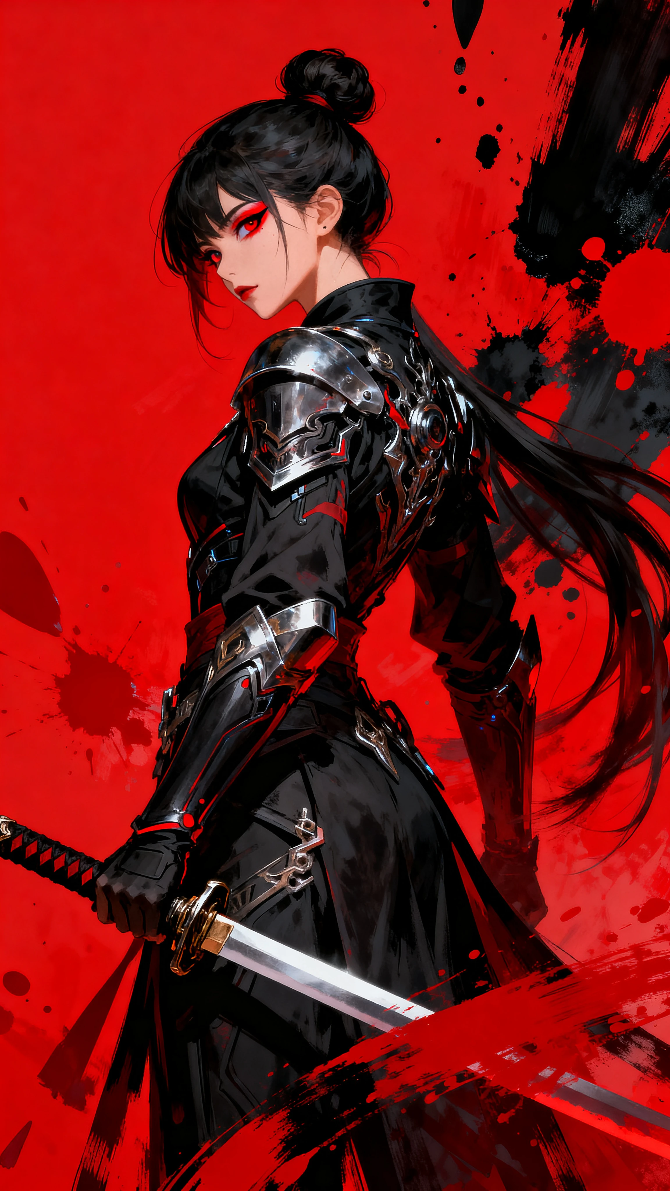 Guerrera de anime estilizada con espada sobre fondo rojo
